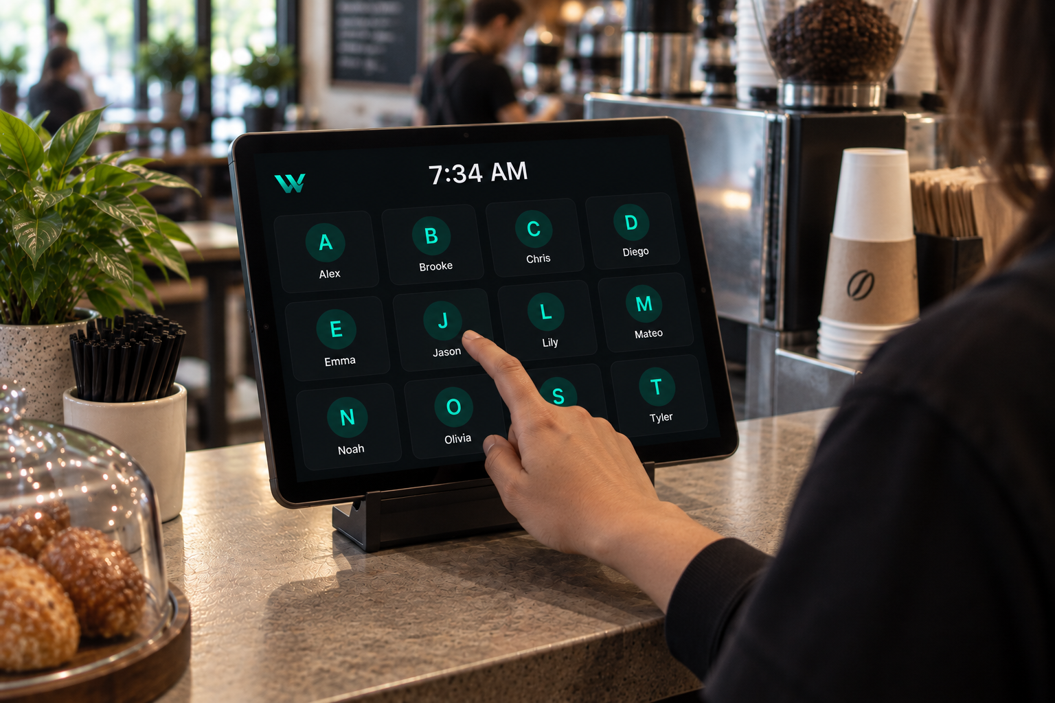 Employee tapping their name on a WorkTalora time clock kiosk running on a tablet at a cafe counter